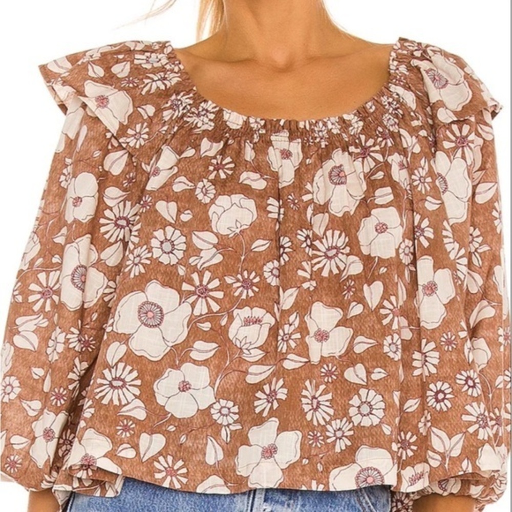 Free People Miss Daisy Printed Top in Vintage Tan Brown Flowers BOHO Sz XS - Picture 2 of 12